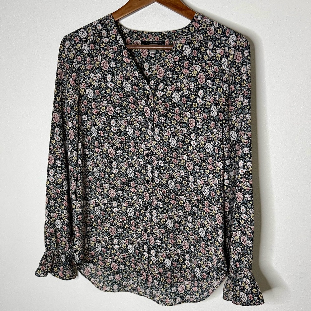 Tahari Floral Blouse XS Black Pink Long Sleeve Ruffle Cuff Top